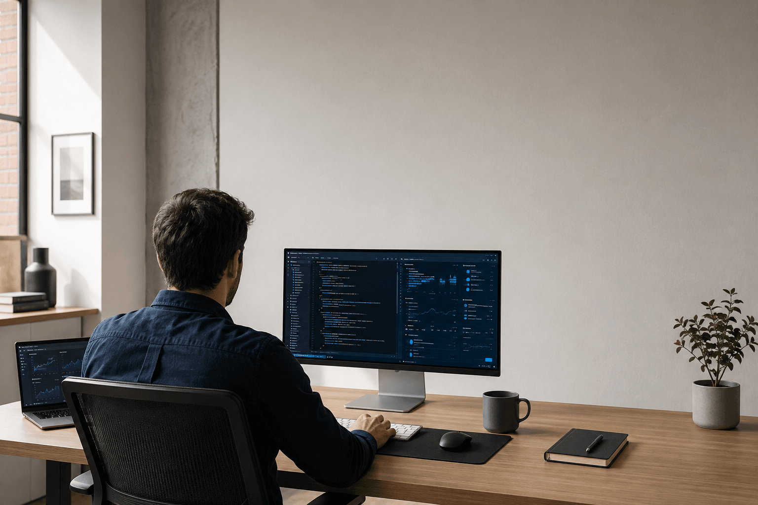 Software developer working from behind in ITQAN's modern studio
