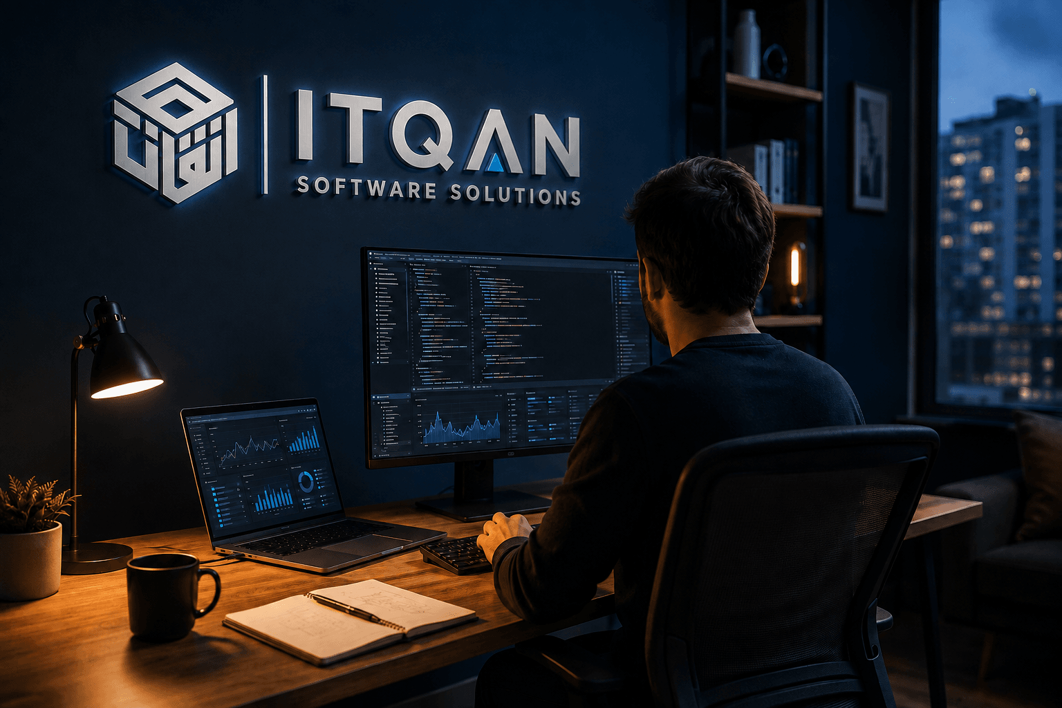 Software developer working from behind beneath ITQAN's branded office wall