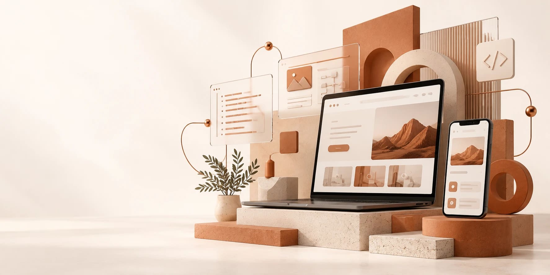 Sculptural terracotta workspace with laptop and mobile interfaces